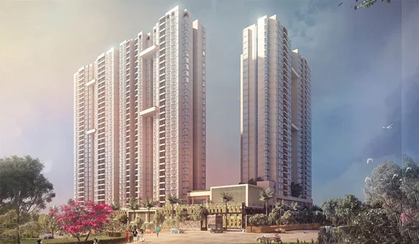 rchitectural render of Nikoo Homes 5 high-rise towers at Bhartiya City featuring smart studio to 4 BHK apartments.